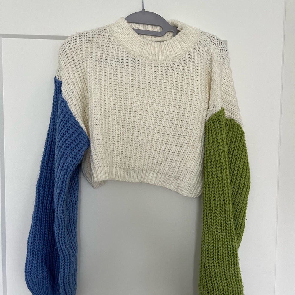 SHEIN Multicolor Knit Cropped Sweater - Cream, Blue, Green